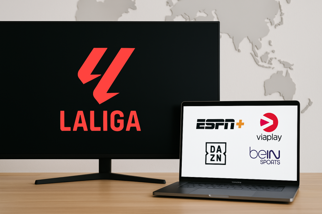 A modern digital illustration showing La Liga streaming options worldwide, with a large TV screen, laptop, and the updated La Liga logo displayed alongside popular broadcaster logos.