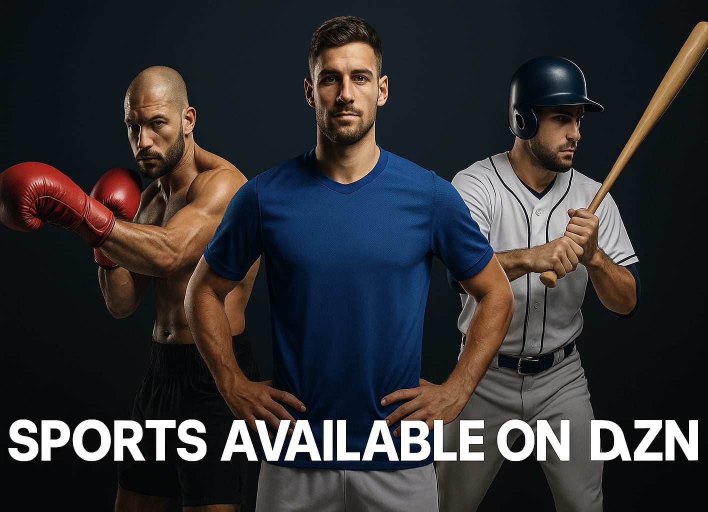 A promotional digital image featuring three athletes on an abstract background: a football player in the center, a boxer on the left, and a baseball player on the right holding a bat, with the text “Sports available on DAZN” displayed at the bottom.