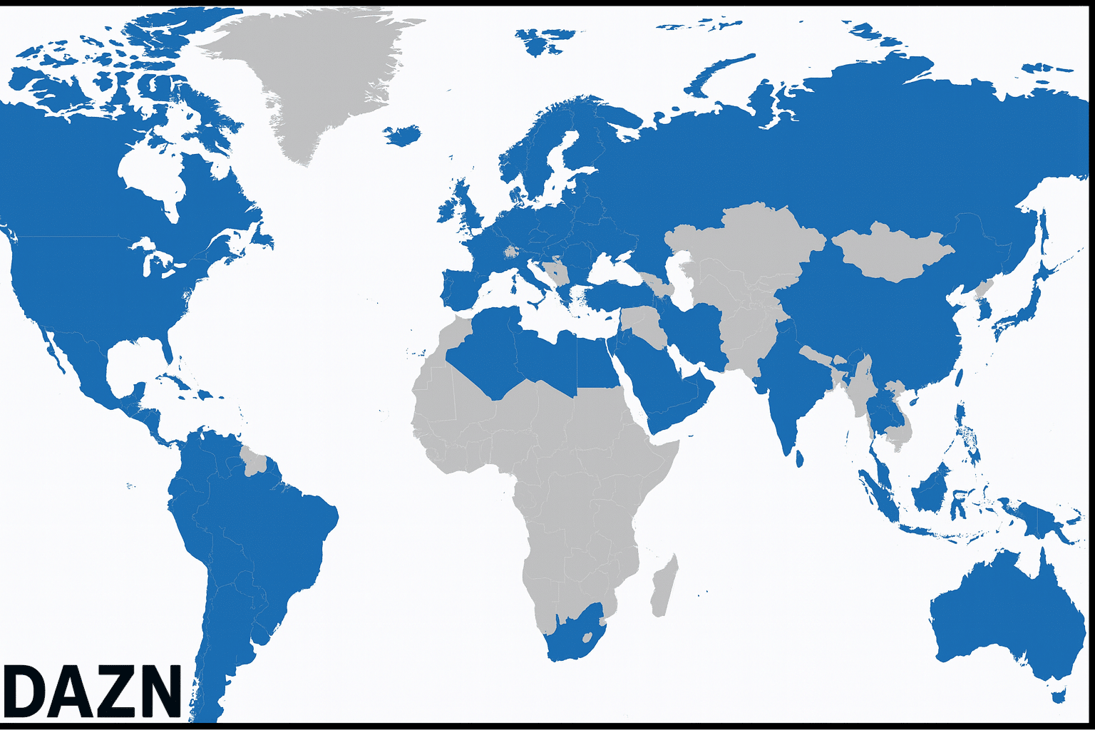 World map showing countries where DAZN is available, highlighted in blue, with non-available regions in gray.