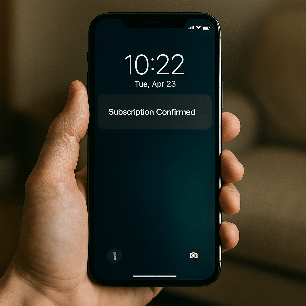 Alt text: A person holding a smartphone displaying a lock screen notification that reads “DAZN – Subscription Confirmed” at 10:22 AM on Tuesday, April 23.