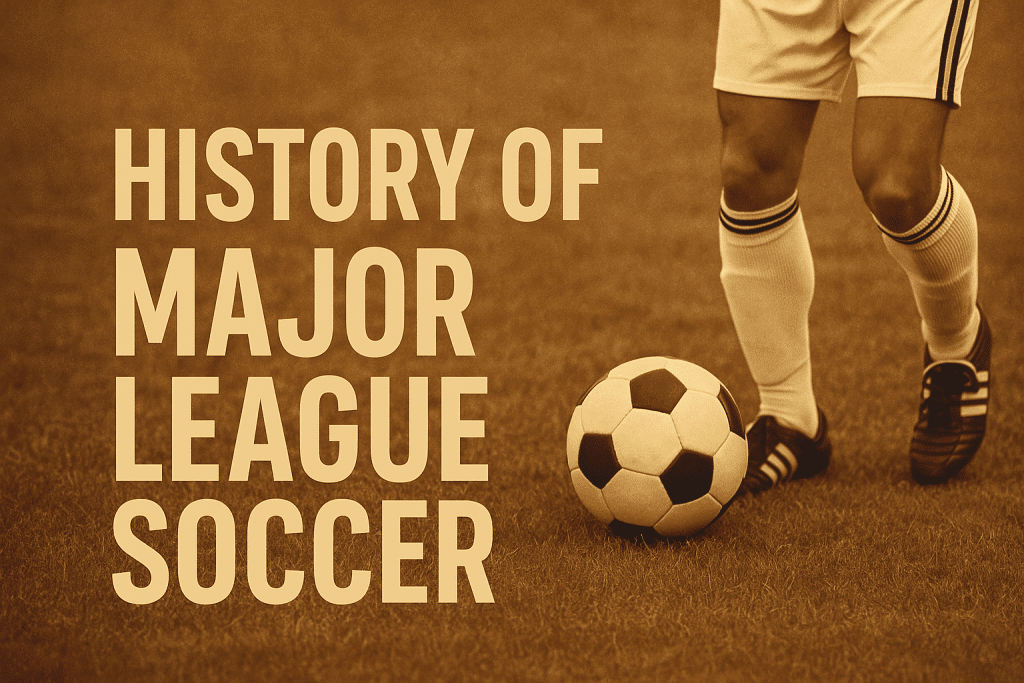 Digital banner image highlighting the history of Major League Soccer with abstract background and football elements.