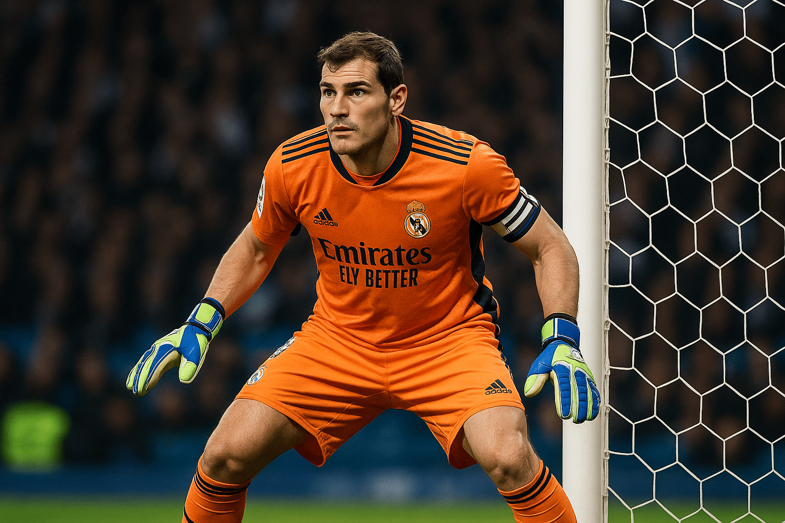 Iker Casillas in Real Madrid goalkeeper kit crouched and focused, ready to stop a shot during a high-pressure match.