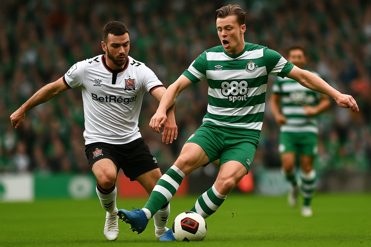 Two Irish football players in action during a League of Ireland match with crowd and stadium visible in the background.