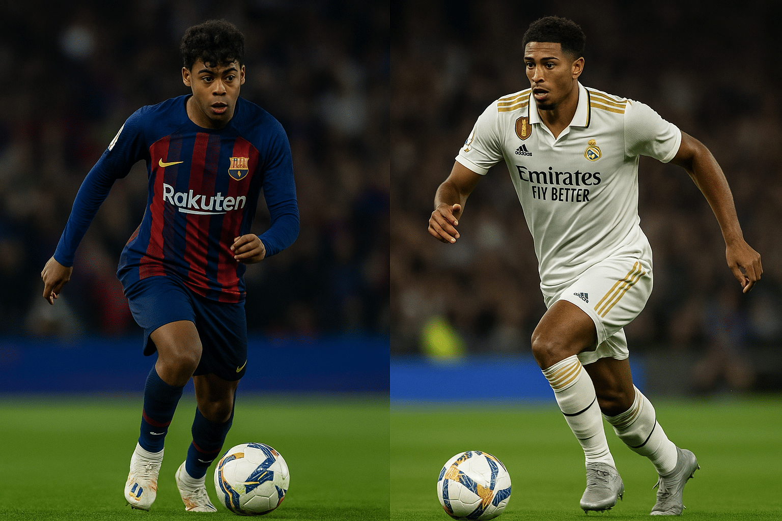 Lamine Yamal of Barcelona and Jude Bellingham of Real Madrid in split-screen action during a La Liga match, both dribbling the ball in their respective kits.