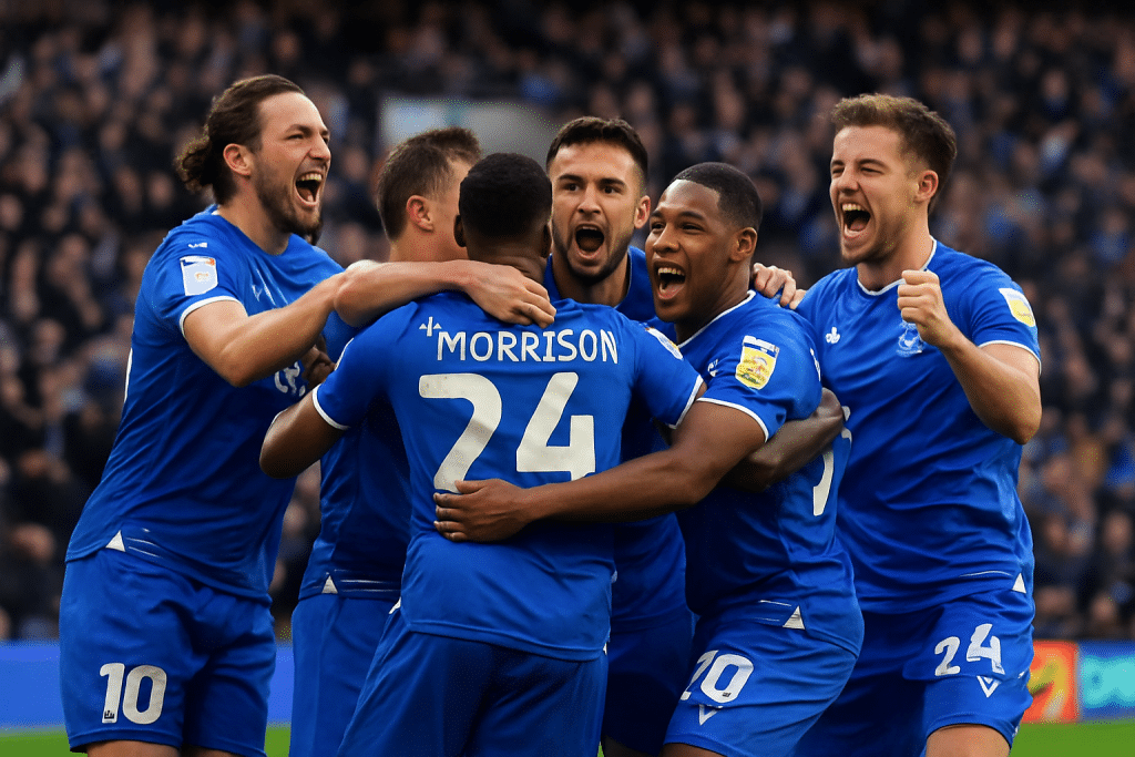 A group of EFL League Two players joyfully celebrating a goal together, highlighting team unity and momentum during a match.