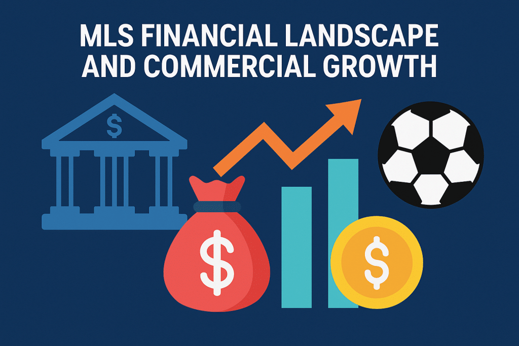Illustration showing the financial growth and commercial expansion of Major League Soccer, with charts and revenue-related icons.