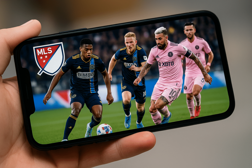 A digital image showing a Major League Soccer match being streamed on a smartphone held in landscape orientation.