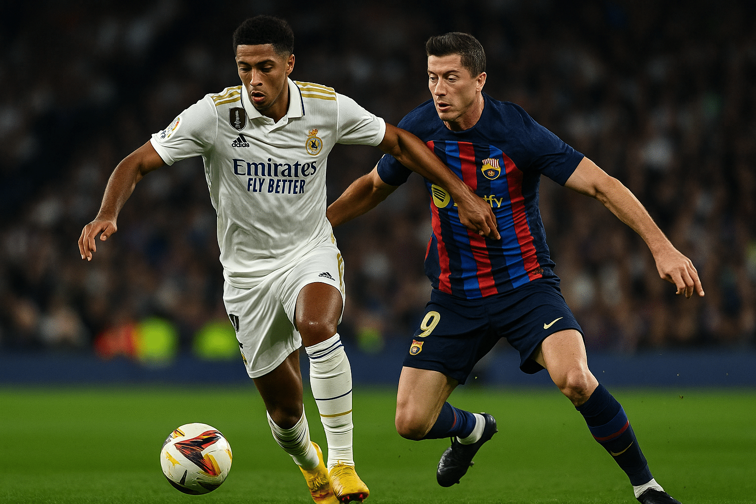 Jude Bellingham of Real Madrid and Robert Lewandowski of Barcelona competing for the ball during a high-intensity La Liga football match.
