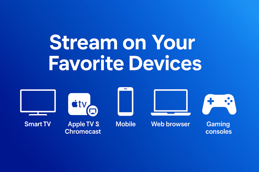 Wide blue gradient banner with the text “Stream on Your Favorite Devices” and white icons representing Smart TV, Apple TV & Chromecast, mobile, web browser, and gaming consoles.