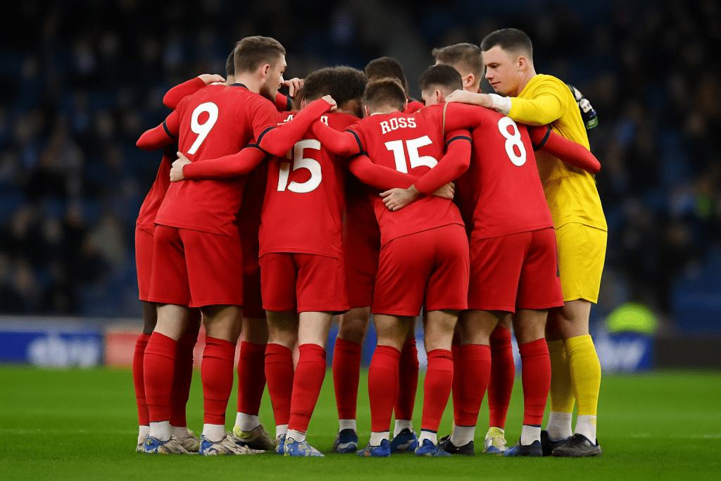 A group of football players in matching uniforms form a tight huddle on the pitch before kickoff, symbolizing unity and team spirit in EFL League One.