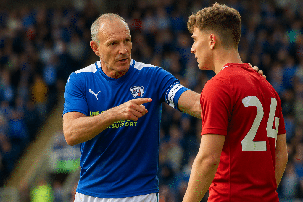 An experienced footballer giving tactical instructions to a younger teammate during an EFL League Two match, highlighting leadership and mentorship on the pitch.