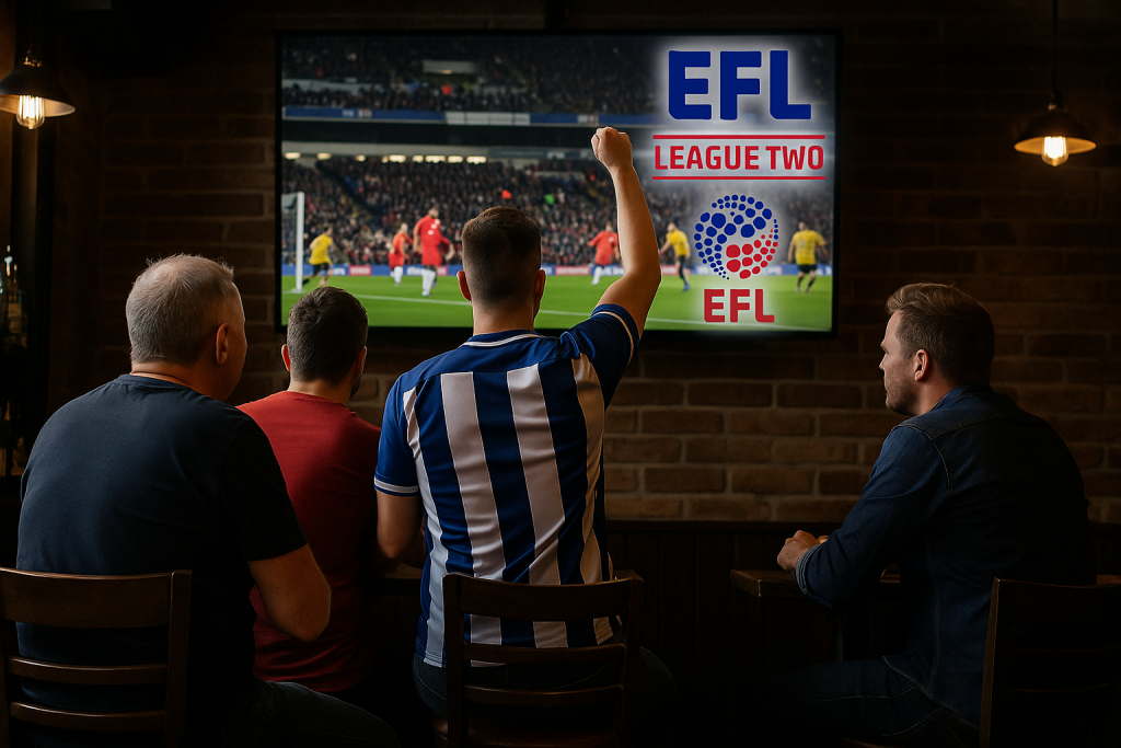 Four EFL League Two fans watching a live match on a big wall-mounted screen inside a dimly lit bar, viewed from behind with a realistic atmosphere.