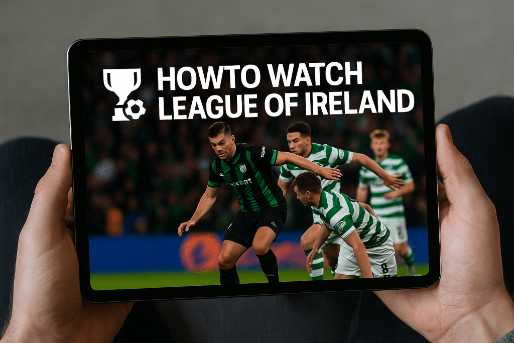 Tablet screen streaming a League of Ireland football match with a crowd in the background and play controls visible on the display.