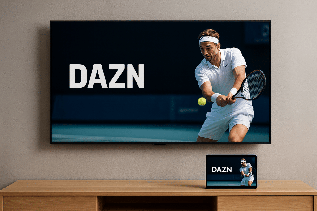A modern TV screen displaying a live DAZN tennis match in a sleek living room setting, representing how to watch DAZN live online.