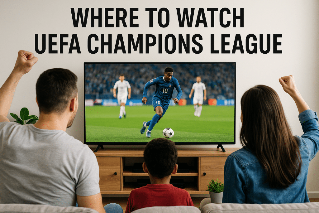 Three people watching a UEFA Champions League match on TV at home, with the text 'Where to Watch UEFA Champions League' displayed on the wall above the screen.